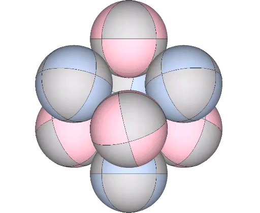 Eight spheres in a symmetrical cubic arrangement synchronously spinning on radii connecting their their common center with their centers of volume. With the top and bottom spheres fixed, the remaining six spheres rotate around the equatorial axis.