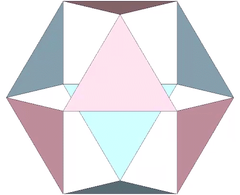 The eight equilateral triangles of the vector equilibrium (VE) rotating on their radial axes in the classic model of the jitterbug. With the top and bottom triangles fixed, the remaining six triangles will rotate around the equatorial axis.