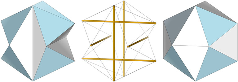The Jessen Orthogonal Icosahedron (left), the six-strut tensegrity sphere (center), and the convex Jessen icosahedron (right).