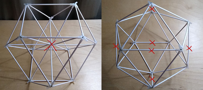 Photograph of a VE (left) and a regular icosahedron (right) built with 6 inch plastic "cake pop" sticks, indicating struts to remove to model the jitterbug transformation.