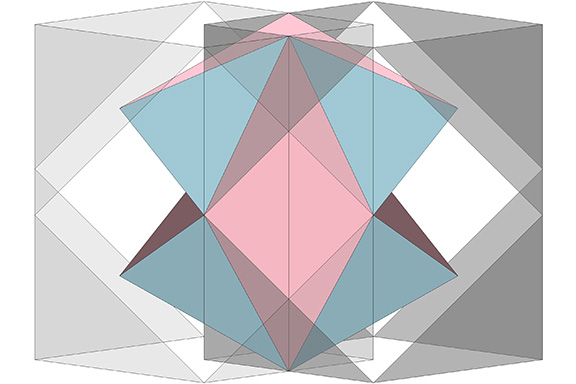 The Jessen Orthogonal Icosahedron placed between two symmetrically overlapping vector equilibria (VEs)
