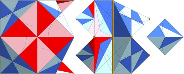 A and B Quanta module construction of a vector equilibrium (VE) and one of its constituent octahedra, animated to reveal a partial construction of the Jessen Orthogonal Icosahedron at their center.