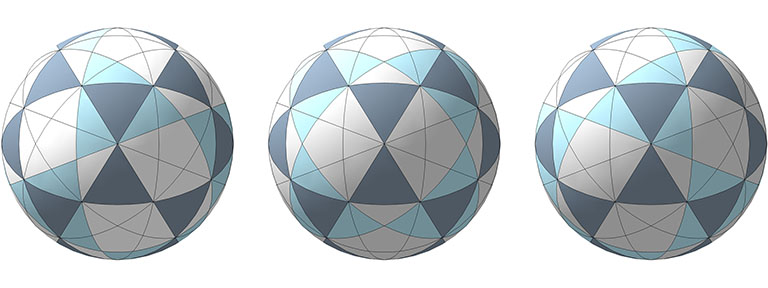Illustration of the three orientations of the spherical vector equilibrium (VE) as disclosed by the 10 great circles of the icosahedron, and highlighted to disclose their alignment with spherical icosidodecahedron (disclosed by the set of 6 great circles of the icosahedron.)