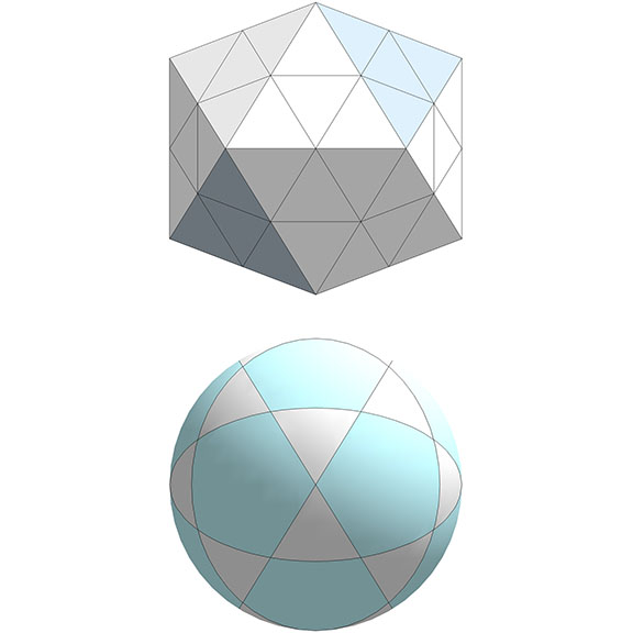 Illustration of the set of 6 great circles of the icosahedron, and highlighted to disclose the spherical icosidodecahedron.
