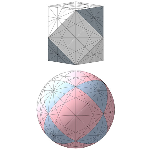 The 25 great circles of the vector equilibrium (VE) projected onto the surface of a planar VE (top) and a spherical VE (bottom).