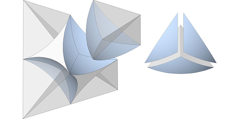 Illustration of the concave-octahedron space divided into four 1/20th spheres whose centers are at the vertices of a regular tetrahedron. One of these sections has been further subdivided into three equal sections along lines connecting the center of the convex triangular face with its three vertices.