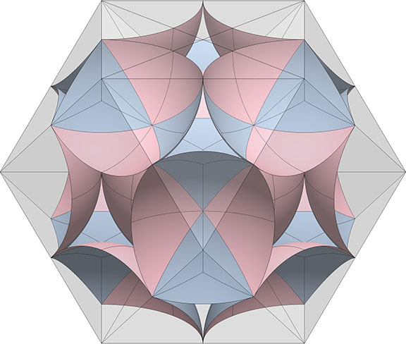 The planar vector equilibrium (VE) comprised of twelve 1/5 sphere sections and one nuclear sphere. 