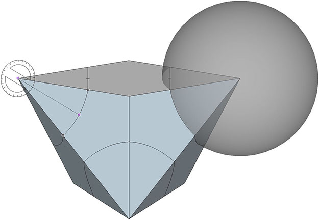 A ten-sided polyhedron constructed by connecting the vertices of two rhombuses, and scribed by arcs of radius r from each of its four acute corners.