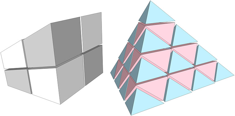 An irregular tetrahedron (right) subdivided into equal-volume tetrahedron (blue) and octahedra (pink), beside an irregular cube (left) subdivided into dissimilar six-sided polyhedra.