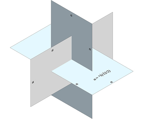 Three mutually perpendicular 1x2 rectangles to be used in constructing the pyritohedron.