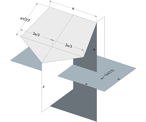 Three mutually perpendicular 1x2 rectangles with one pentagonal face of the pyritohedron indicated by construction.