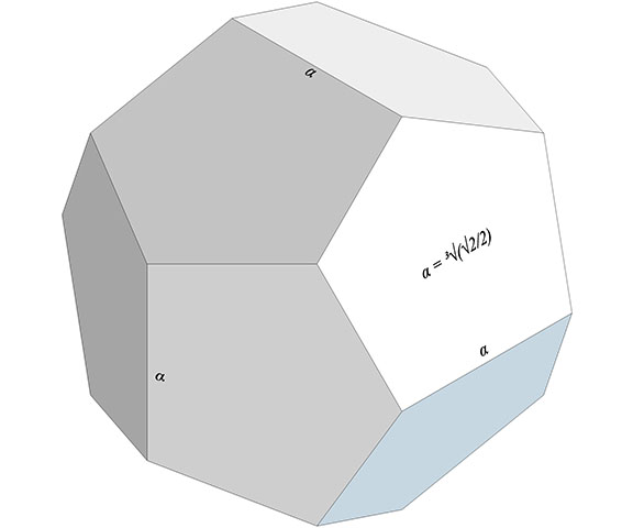 The pyritohedron with long edge equal to α = ³√(√2/2), and a volume of 24 unit tetraheda.