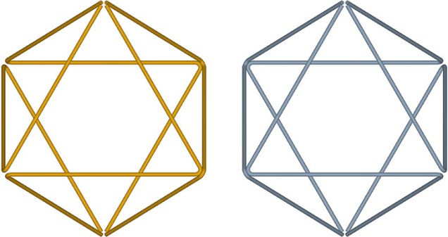 Two octahedra constructions from triangular helices, one constructed entirely from clockwise helices, and one from counter-clockwise helices.
