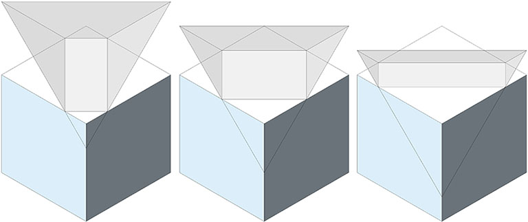 Three section planes of a regular tetrahedron oriented on its edge-to-edge axis cut from the top face of cube oriented so that tetrahedron's edges will align with its face diagonals.