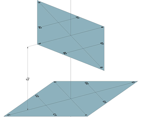 Two √2 by 2√2 rhombuses spaced √2 on their face normal vector from with the two hexagonal faces of the Weaire-Phelan tetrakaidecahedron will be constructed.