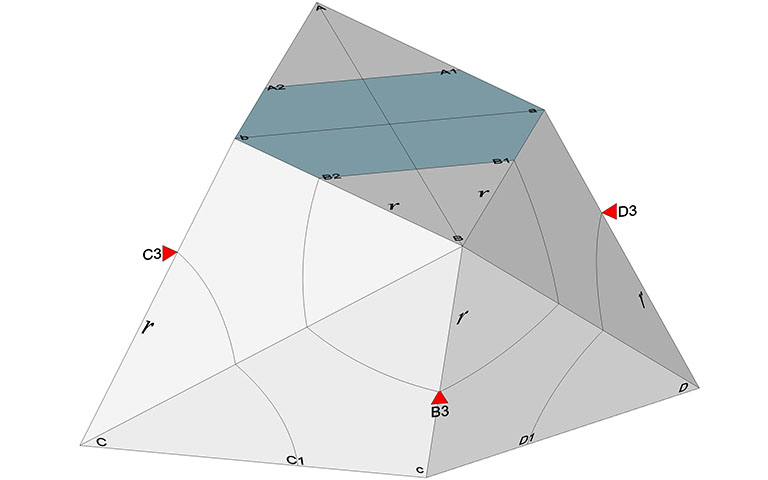 The ten-sided polyhedron from with the Weaire-Phelan tetrakaidecahedron will be constructed, scribed with points labeled.