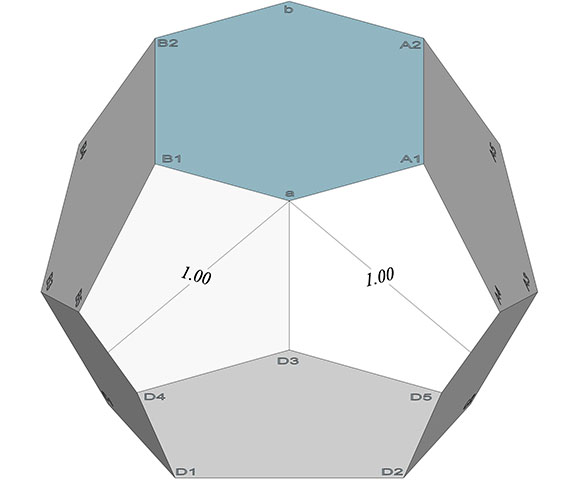 The Weaire-Phelan tetrakaidecahedron with vertices labeled and unit length indicated for the height of the smaller pentagonal faces.