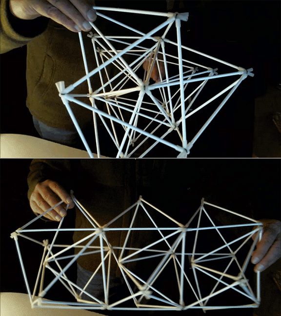 A curious helical structure built of 24-strut components with a twist of six degrees per component.