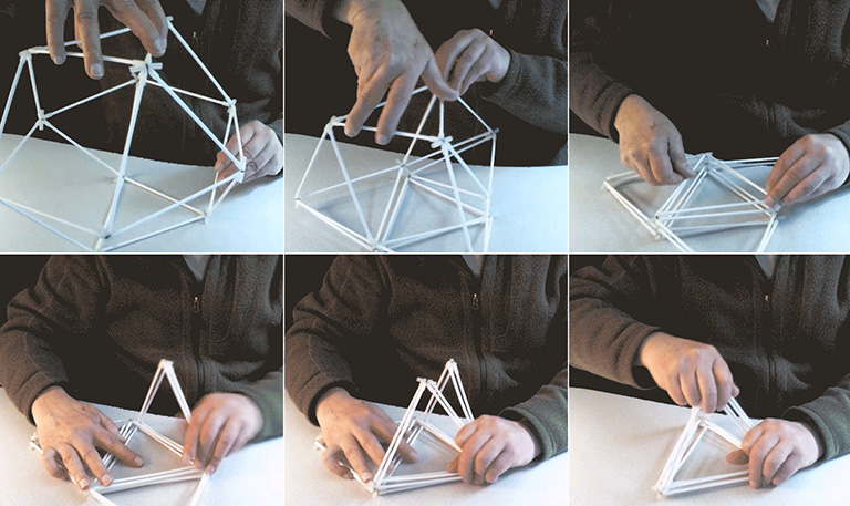 The described model jitterbugging between its VE and tetrahedron phases.
