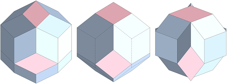 Rhombic triacontahedron (left), Kelvin truncated octahedron (middle, and concave rhombic triacontahedron (right).