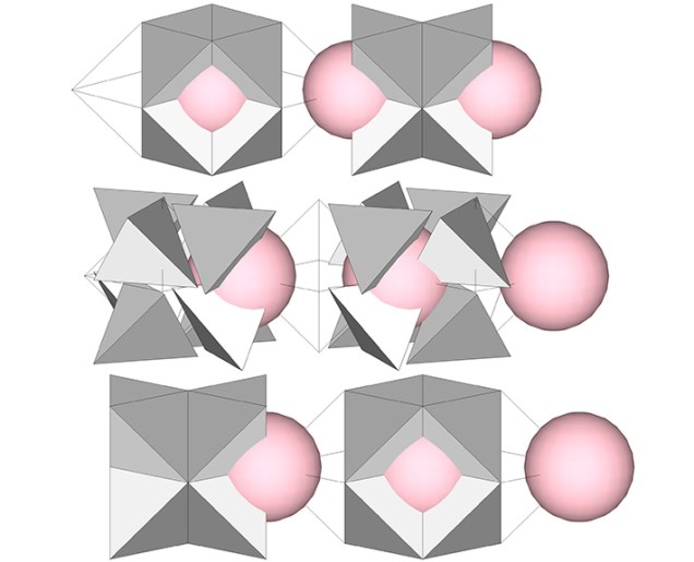 Three nuclei (pink spheres) shuttling between two clusters of eight tetrahedra as they jitterbug between a VE and a cube.