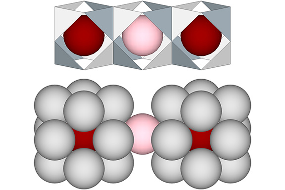 Two illustrations of a "nuclear void." Top: two nuclear domains (red spheres) on either side of a nuclear void (pink sphere), each at the centers of a VE bonded to the next by its square face. Bottom: two nuclear domains, represented by a nucleus (red sphere) and its 12-sphere shell (grey spheres), with a single pink sphere nested between them and representing the nuclear void.