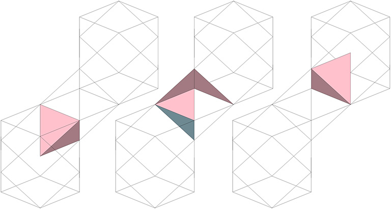 Vector model of two vector equilibria (VEs) straddling an octahedron. One tetrahedron from the first VE (left) unfolds to wrap itself around the octahedron (center), then refolds with reversed polarity in the second VE (right).