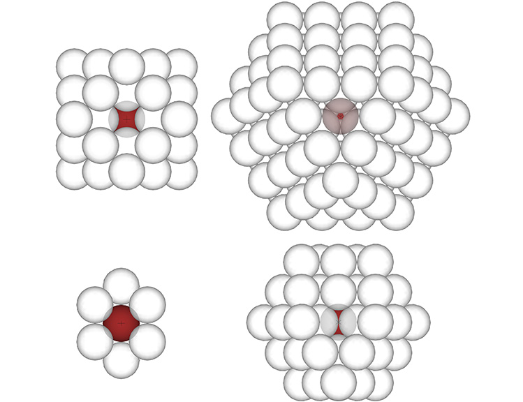 Spheres, radially close-packed as vector equilibria (VEs), oriented on each of the 4 axes of the 25 great circles and showing line-of-site connections between the nucleus (red) and the next sphere on the axis of the 3, 4, 6, and 12 great circles.
