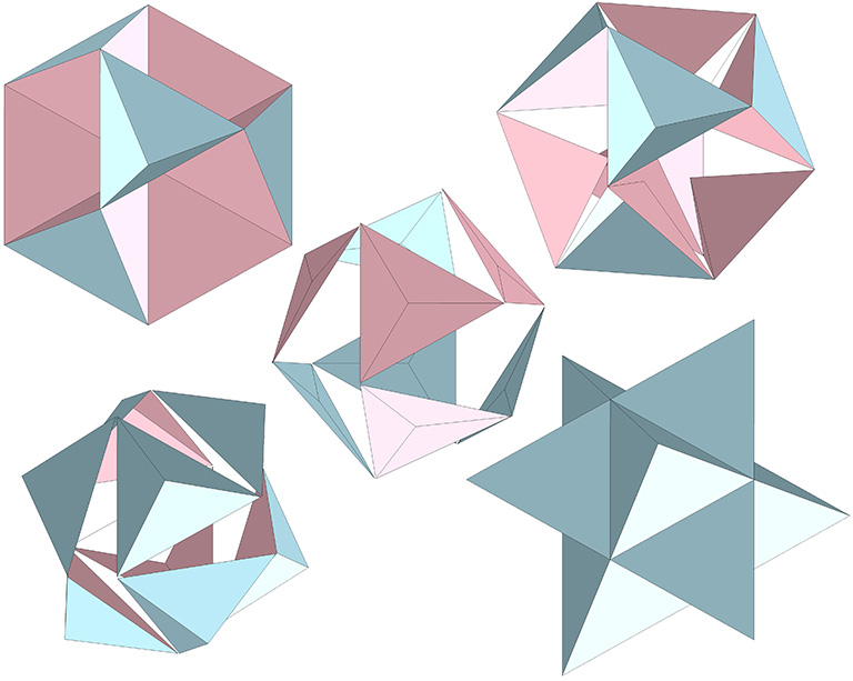 Sequence of images showing the eight tetrahedra of the vector equilibrium (VE) turning themselves inside out to form the eight-pointed star octahedron or cube.