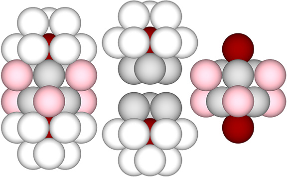 Radially close-packed spheres on the primary axis of the four great circles shown as two nuclei and their F1 shells straddling a star-octahedron, or cube (left), and as isolated elements (right). 