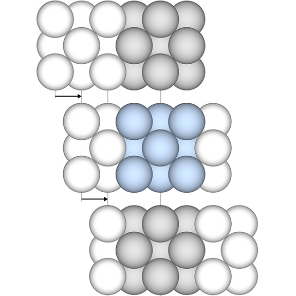 14 spheres close-packed as a cube adjacent to and nested with a 13-sphere vector equilbrium (VE). Highlighting indicates how the boundary between the two is arbitrary, and changes as the isotropic vector matrix moves past a point of reference.