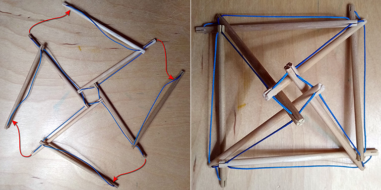 Photographs of Step 2 in the assembly of the model of the 12-strut tensegrity octahedron.