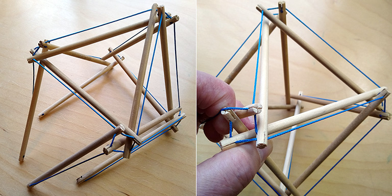 Photographs of Step 4 in the assembly of the model of the 12-strut tensegrity octahedron.