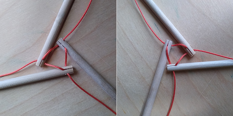 Photographs of the two alternatives for the 3-strut triangular-loop vertices of the 6-strut tensegrity tetrahedron: one clockwise (right) and one counter-clockwise (left).