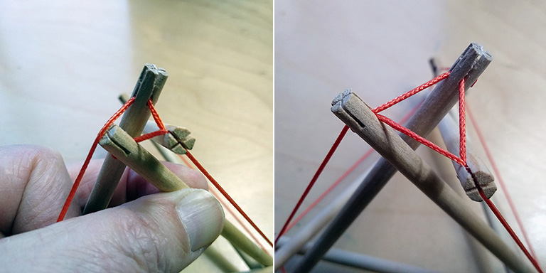 Photographs of Step 3 in the assemble of the model of the 6-strut tensegrity tetrahedron.