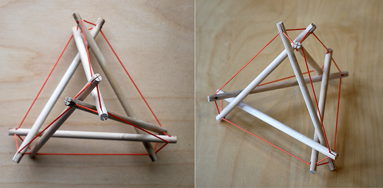 Photographs of a completed model of the 6-strut tensegrity tetrahedron using wooden doweling and polyester cord in the zigzag pattern.