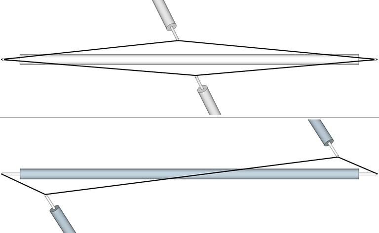Detail of spherical tensegrity (top) showing the circuit pattern, and detail of tensegrity polyhedron (bottom) showing the zigzag pattern for the tendons connecting the endpoints of struts. 