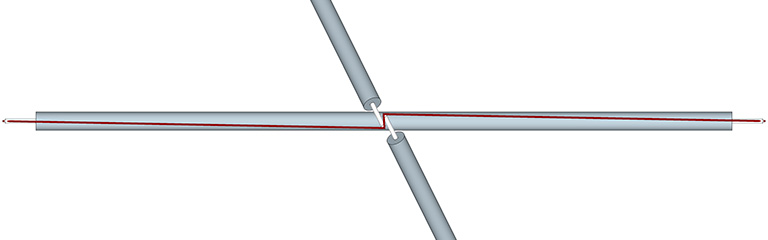 Spherical tensegrity detail with struts lengthened until they overlap, A red line indicates the zigzag pattern of the tendons with negative tension reduced.