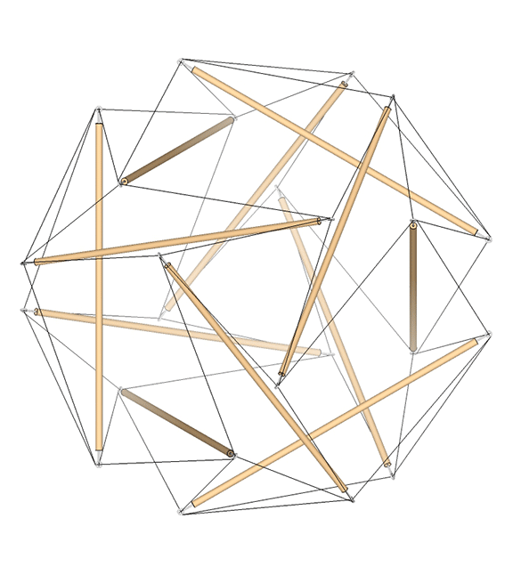 12-strut tensegrity transforming between its spherical phase and the tensegrity cube.
