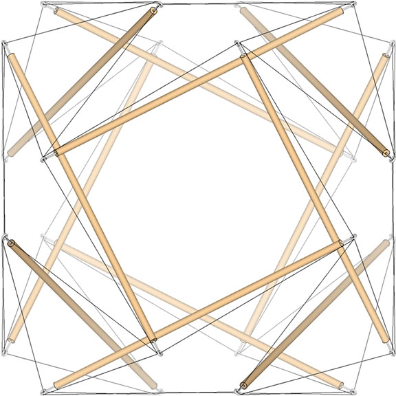A face-on view of one the six square tendon loops of the 12-strut tensegrity sphere.