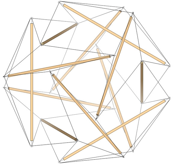 A face-on view of one of the eight triangular tendon loops of the 12-strut tensegrity sphere.