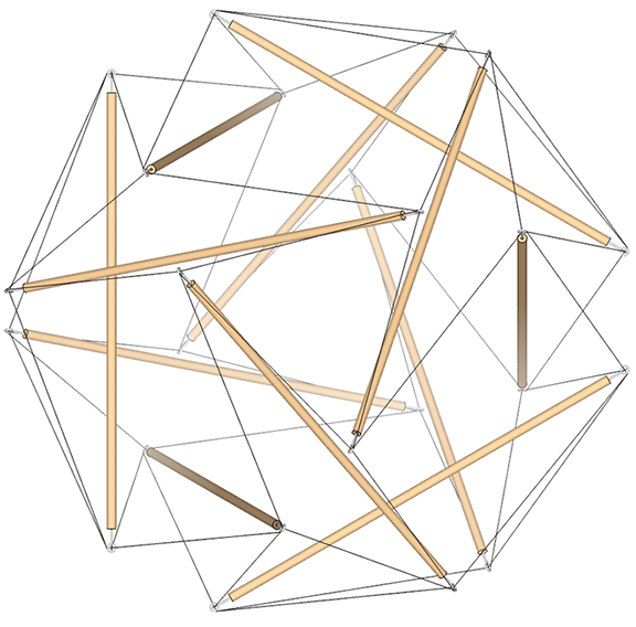 The 12-strut tensegrity transforming between its spherical phase and the tensegrity octahedron.