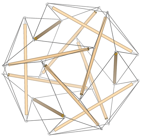 12-sturt tensegrity transforming between its spherical phase and two orientations of the double-edge tensegrity tetrahedron.