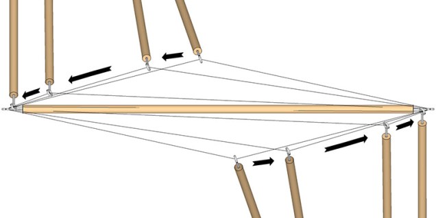 Detail showing the strut pair moving along the short tendons toward the end of its dangler.