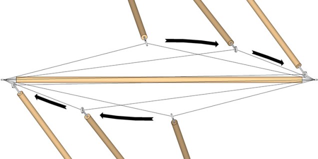 Detail of a tensegrity sphere showing a strut-pair moving along the long tendons toward the end of its dangler. 