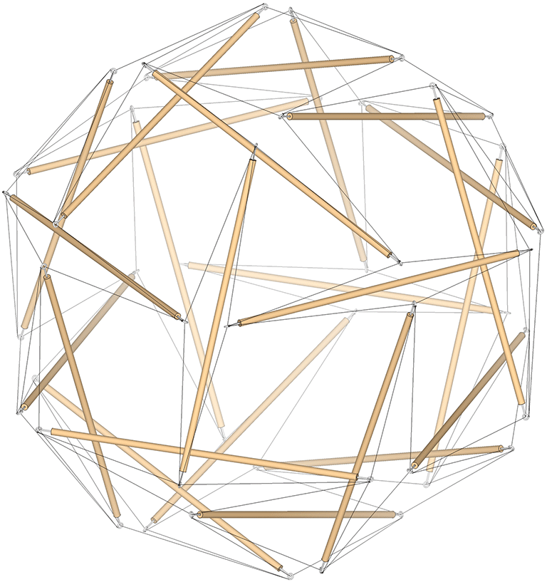 24-strut tensegrity transforming between its spherical phase and the double-edge tensegrity cube.