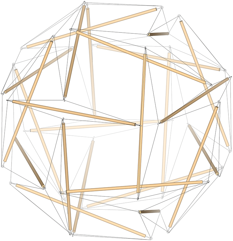 24-strut tensegrity transforming between its spherical phase, and the the double-edge tensegrity octahedron.