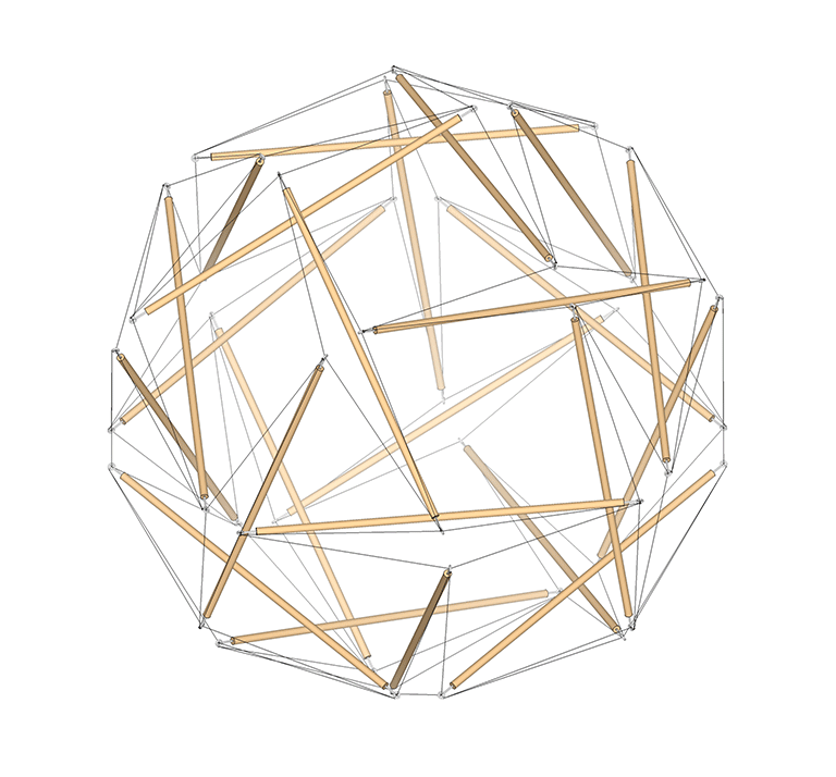 24-strut tensegrity transforming between its spherical phase and the tensegrity rhombic dodecahedron.
