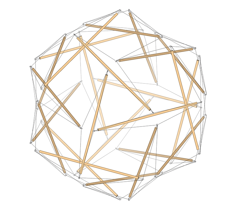 24-strut tensegrity transforming between its spherical phase and the tensegrity vector equilibrium (VE).