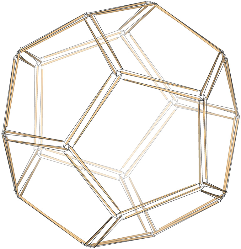 60-strut double-edge tensegrity pentagonal dodecahedron.